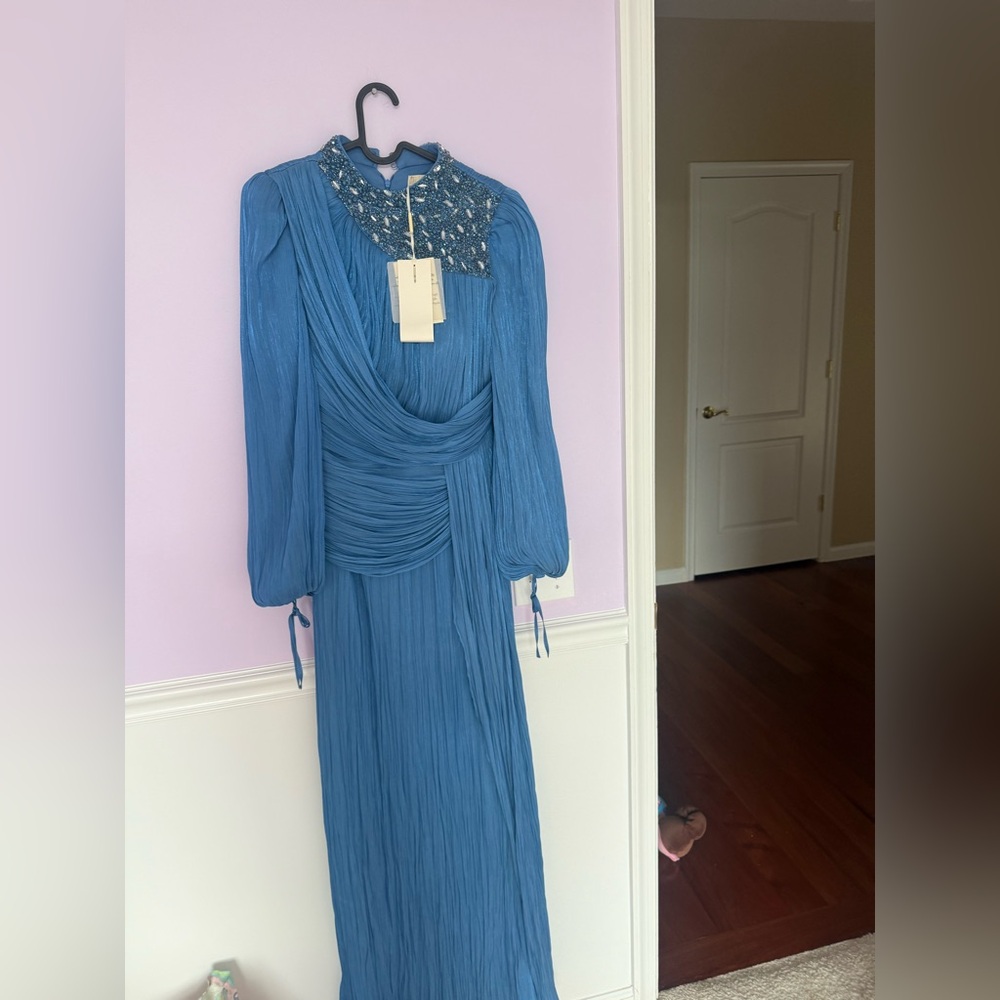 Blue Long Sleeve Pleated Evening Gown with Embellished Yoke